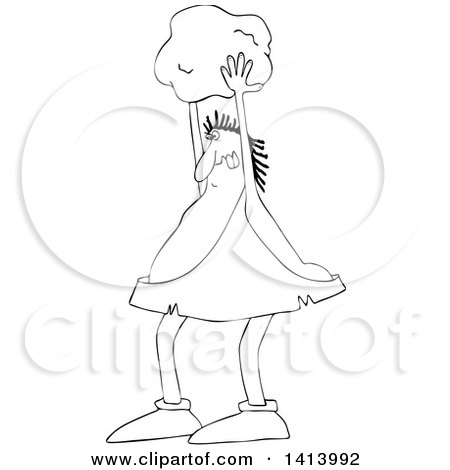 Clipart of a Cartoon Black and White Lineart Chubby Caveman Throwing a Boulder - Royalty Free Vector Illustration by djart