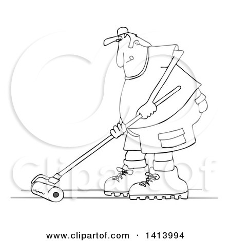 Clipart of a Cartoon Black and White Man Using a Roller to Stain His Deck - Royalty Free Vector Illustration by djart