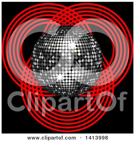 Clipart of a 3d Silver Music Disco Ball over Patterns of Red Circles on Black - Royalty Free Vector Illustration by elaineitalia