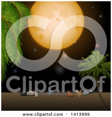 Clipart of a Full Moon over a Tropical Beach with Shells, a Starfish and Palm Trees - Royalty Free Vector Illustration by elaineitalia