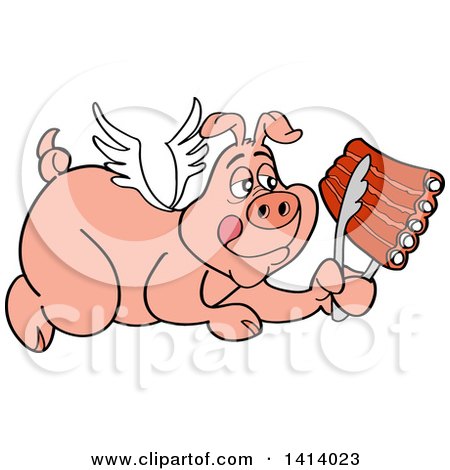 Clipart of a Cartoon Bbq Winged Angel Pig Flying and Holding Spare Ribs in Tongs - Royalty Free Vector Illustration by LaffToon