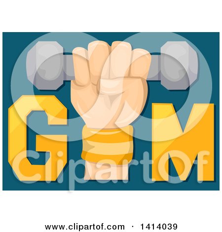 Clipart of a Hand Holding a Dumbbell in the Word GYM - Royalty Free Vector Illustration by BNP Design Studio