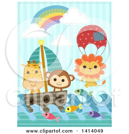 Clipart of Stitched Sewn Safari Animals Sailing - Royalty Free Vector Illustration by BNP Design Studio