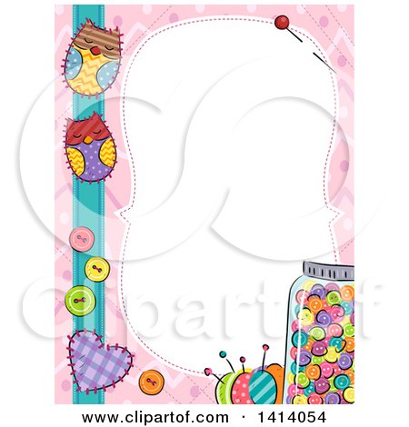 Clipart of a Border of Colorful Sewing Items and Owl Patches - Royalty Free Vector Illustration by BNP Design Studio