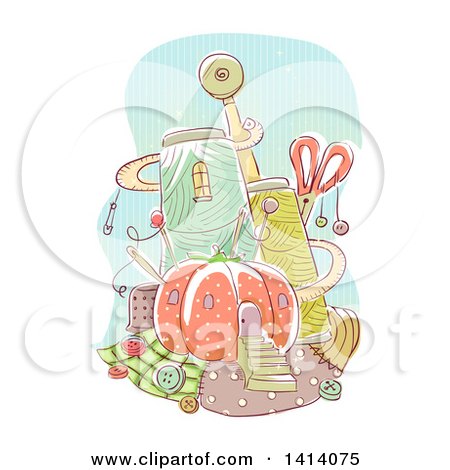 Clipart of a Sketched Sewing Material Castle - Royalty Free Vector Illustration by BNP Design Studio