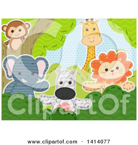 Clipart of a Scene of Sewn Stitched Safari Animals - Royalty Free Vector Illustration by BNP Design Studio