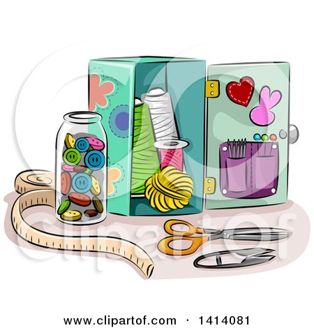 Clipart of a Sketched Box and a Jar Full of Sewing Materials - Royalty Free Vector Illustration by BNP Design Studio