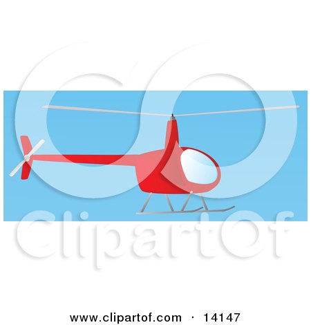 Red Helicopter Hovering in a Clear Blue Sky Aviation Clipart Illustration by Rasmussen Images