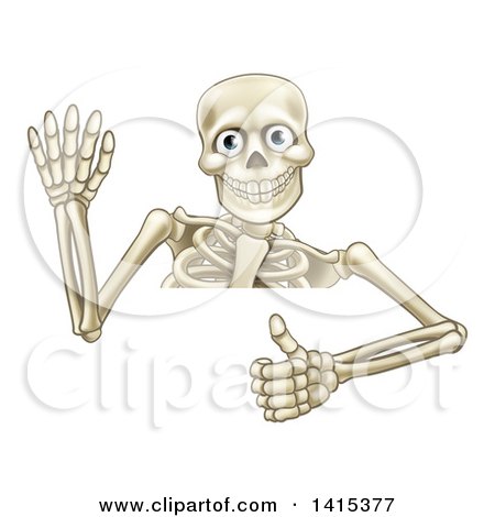 Clipart of a Cartoon Human Skeleton Waving and Holding a Thumb up over a Sign - Royalty Free Vector Illustration by AtStockIllustration