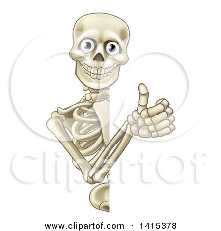 Clipart of a Cartoon Human Skeleton Giving a Thumb up Around a Sign - Royalty Free Vector Illustration by AtStockIllustration