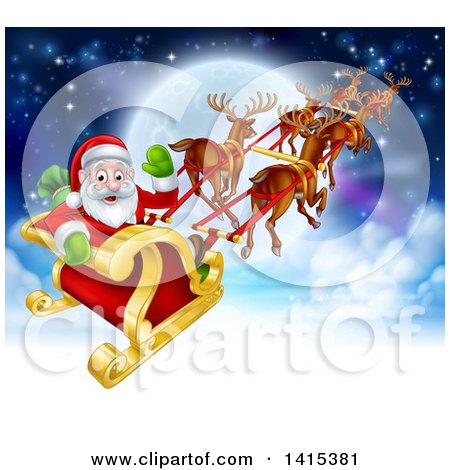 Clipart of a Team of Magic Christmas Reindeer Flying Santa in a Sleigh Above the Clouds Against a Full Moon - Royalty Free Vector Illustration by AtStockIllustration