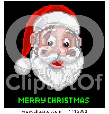 Clipart of a Retro Pixelated Santa Claus Face over Merry Christmas Text on Black - Royalty Free Vector Illustration by AtStockIllustration