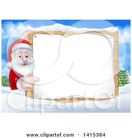 Clipart of a Cartoon Happy Christmas Santa Claus Pointing Around a Sign in a Winter Landscape - Royalty Free Vector Illustration by AtStockIllustration