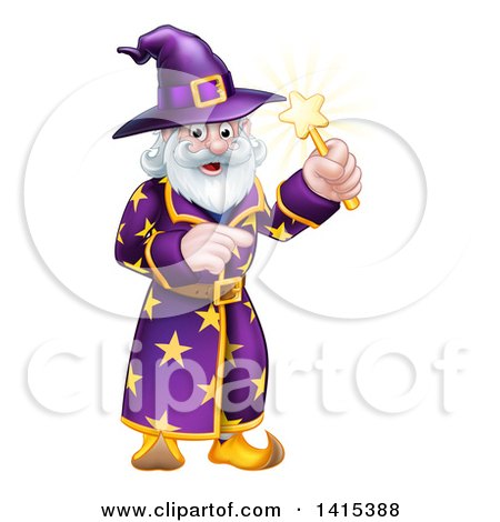 Clipart of a Happy Old Bearded Wizard Pointing and Holding up a Magic Wand - Royalty Free Vector Illustration by AtStockIllustration