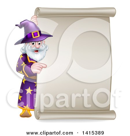 Clipart of a Happy Old Bearded Wizard Pointing Around a Scroll Sign - Royalty Free Vector Illustration by AtStockIllustration