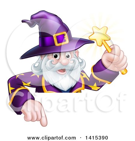 Clipart of a Happy Old Bearded Wizard Holding a Magic Wand and Pointing down over a Sign - Royalty Free Vector Illustration by AtStockIllustration