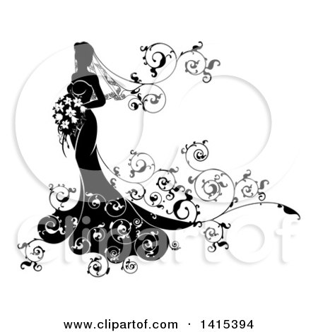 Clipart of a Silhouetted Black and White Bride in Her Dress, Holding a Bouquet, with Floral Swirls - Royalty Free Vector Illustration by AtStockIllustration