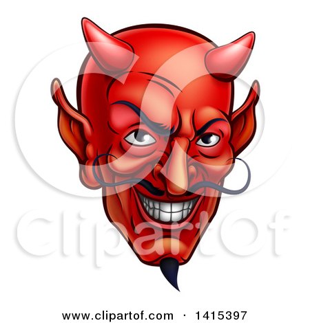 Clipart of a Grinning Red Devil Face with a Goatee and Curling Mustache - Royalty Free Vector Illustration by AtStockIllustration