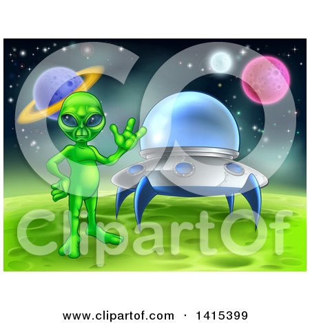 Clipart of a Green Alien Waving by a Ufo on a Green Planet or Moon - Royalty Free Vector Illustration by AtStockIllustration
