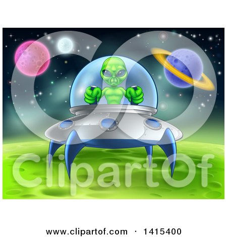 Clipart of a Green Alien Landing a Ufo on a Green Planet or Moon - Royalty Free Vector Illustration by AtStockIllustration