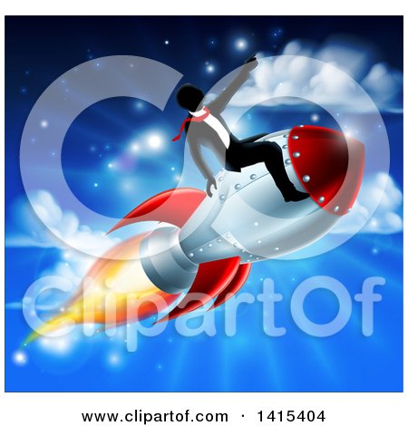 Clipart of a Silhouetted Businessman Sitting on a 3d Rocket and Pointing Forward over a Blue Sky - Royalty Free Vector Illustration by AtStockIllustration