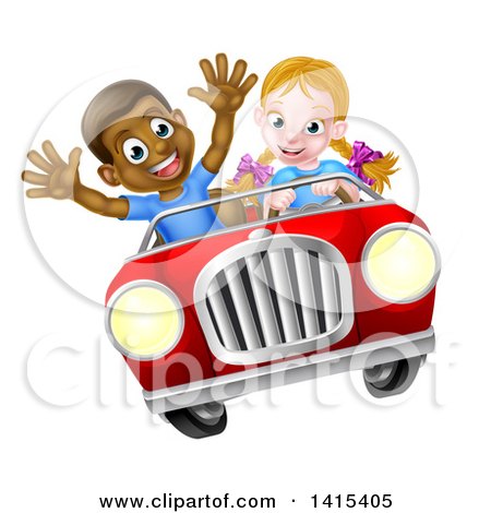 Clipart of a Happy White Girl Driving a Red Convertible Car and a Black Boy Holding His Arms up in the Passenger Seat As They Catch Air - Royalty Free Vector Illustration by AtStockIllustration
