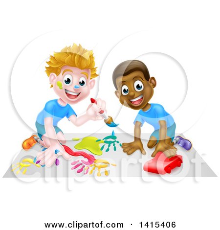 Clipart of White and Black Boys Painting and Playing with a Toy Car - Royalty Free Vector Illustration by AtStockIllustration