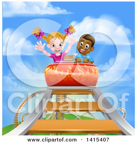 Clipart of a Happy White Girl and Black Boy at the Top of a Roller Coaster Ride, Against a Blue Sky with Clouds - Royalty Free Vector Illustration by AtStockIllustration