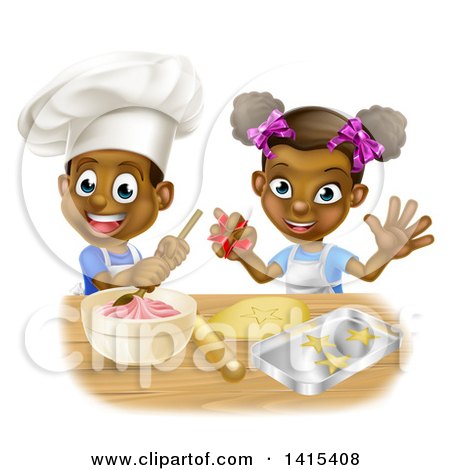 Clipart of a Cartoon Happy Black Girl and Boy Making Frosting and Making Star Cookies - Royalty Free Vector Illustration by AtStockIllustration