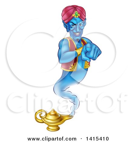 Clipart of a Blue Genie Emerging from His Lamp and Pointing at You - Royalty Free Vector Illustration by AtStockIllustration