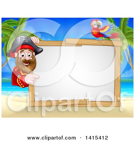 Clipart of a Hook Handed Pirate Captain with a Parrot Around a Blank Sign on a Tropical Beach - Royalty Free Vector Illustration by AtStockIllustration