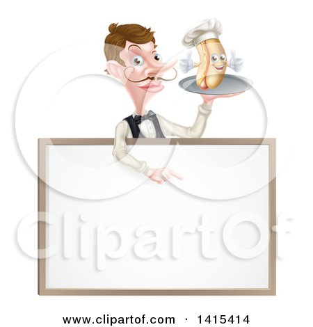 Clipart of a White Male Waiter with a Curling Mustache, Holding a Hot Dog on a Platter over a Blank Menu Sign - Royalty Free Vector Illustration by AtStockIllustration