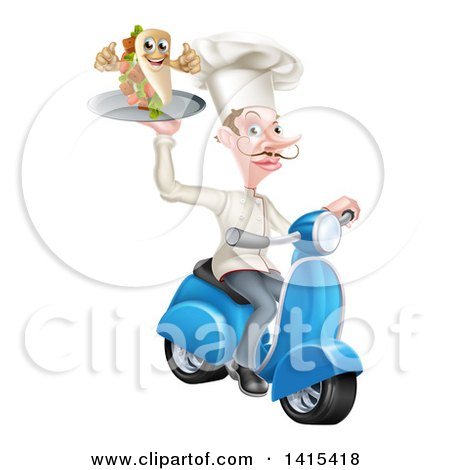 Clipart of a White Male Waiter with a Curling Mustache, Holding a Souvlaki Kebab Sandwich Giving Thumbs up and Riding a Scooter - Royalty Free Vector Illustration by AtStockIllustration