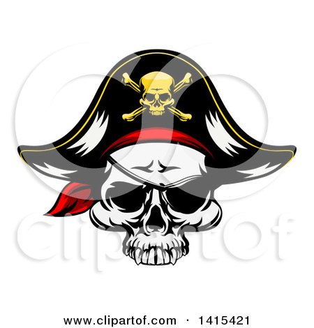 Clipart of a Pirate Skull Wearing a Patch and Captain Hat - Royalty Free Vector Illustration by AtStockIllustration