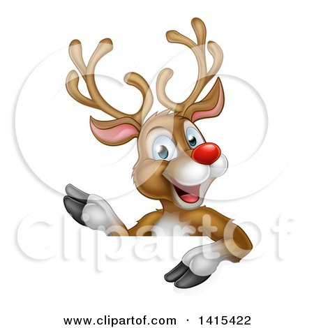 Clipart of a Happy Rudolph Red Nosed Reindeer Waving over a Sign - Royalty Free Vector Illustration by AtStockIllustration