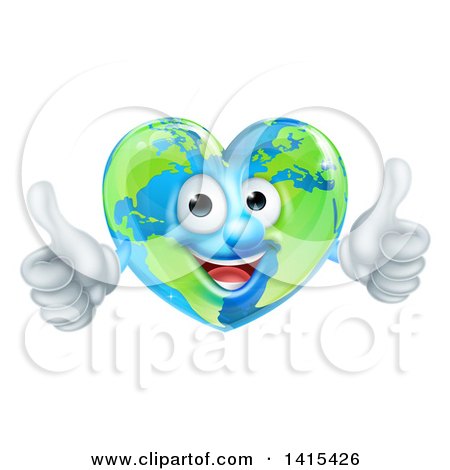 Clipart of a Happy Earth Globe in the Shape of a Heart Character Giving Two Thumbs up - Royalty Free Vector Illustration by AtStockIllustration