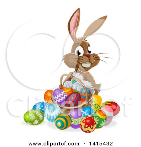 Clipart of a Happy Brown Easter Bunny Rabbit with a Basket and Eggs - Royalty Free Vector Illustration by AtStockIllustration