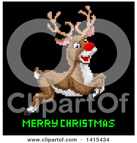 Clipart of a Retro Pixelated Leaping Rudolph Red Nosed Reindeer over Merry Christmas Text - Royalty Free Vector Illustration by AtStockIllustration