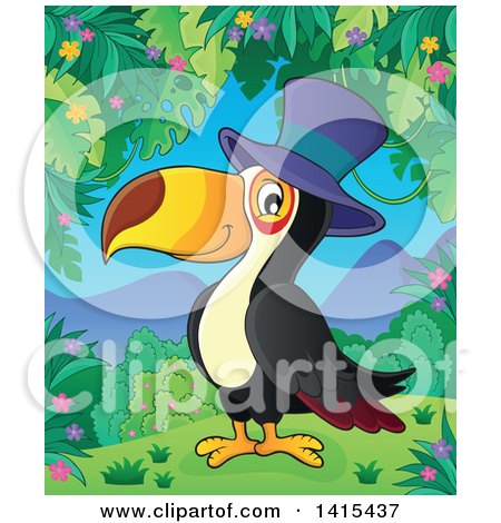 Clipart of a Cute Toucan Bird Wearing a Top Hat in a Jungle - Royalty Free Vector Illustration by visekart