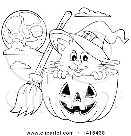 Clipart of a Cute Black and White Lineart Halloween Witch Cat in a Hackolantern Pumpkin - Royalty Free Vector Illustration by visekart