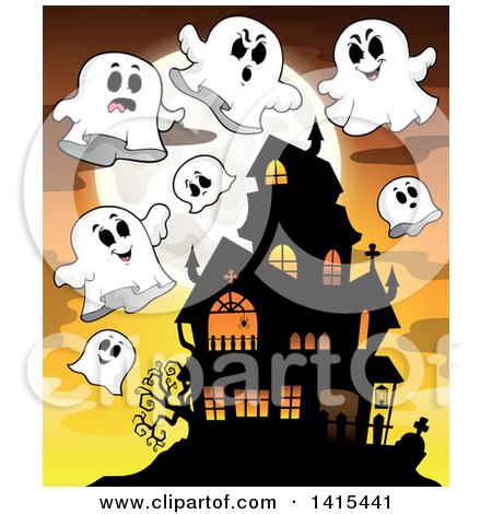 Clipart of a Lit Haunted Halloween House with Ghosts - Royalty Free Vector Illustration by visekart