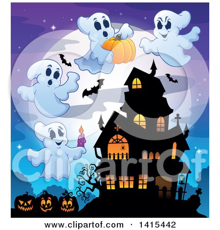 Clipart of a Lit Haunted Halloween House with Bats, Jackolanterns and Ghosts - Royalty Free Vector Illustration by visekart