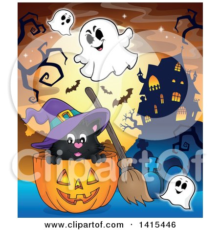 Clipart of a Cute Black Halloween Witch Cat in a Jackolantern in a Haunted Cemetery by a House - Royalty Free Vector Illustration by visekart