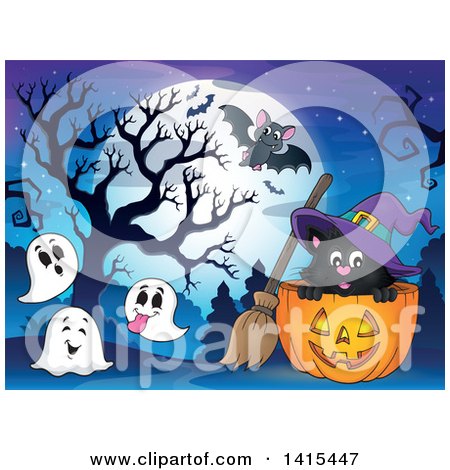 Clipart of a Cute Black Halloween Witch Cat in a Jackolantern, Surrounded by Ghosts and a Bat Against a Full Moon - Royalty Free Vector Illustration by visekart