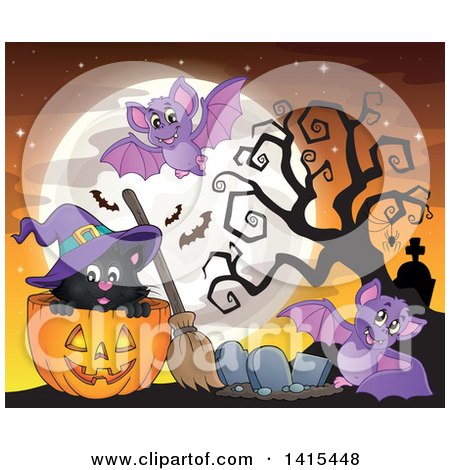 Clipart of a Cute Black Halloween Witch Cat in a Jackolantern at a Cemetery, with Bats - Royalty Free Vector Illustration by visekart