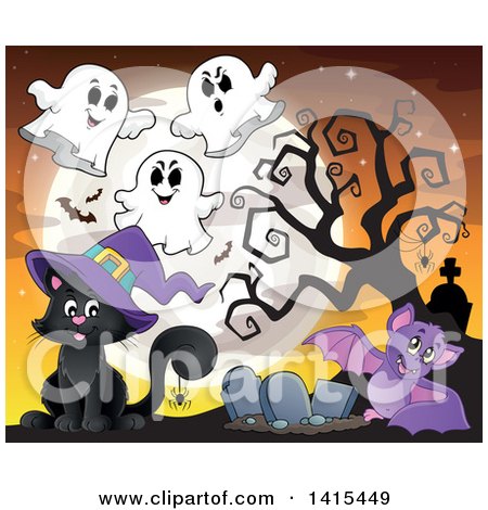 Clipart of a Cute Black Halloween Witch Cat in a Cemetery with Ghosts and a Bat - Royalty Free Vector Illustration by visekart
