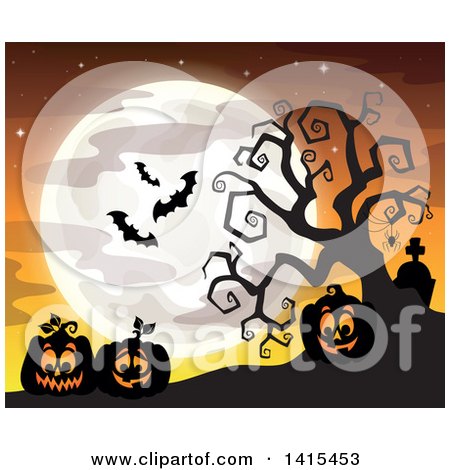 Clipart of Lit Jackolanterns in a Cemetery with a Silhouetted Bare Tree and Bats Against an Orange Sky with a Full Moon - Royalty Free Vector Illustration by visekart