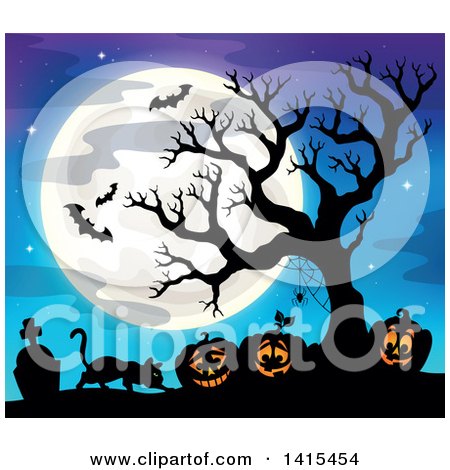 Clipart of Lit Jackolanterns in a Cemetery with a Silhouetted Bare Tree and Bats Against a Blue Sky with a Full Moon - Royalty Free Vector Illustration by visekart