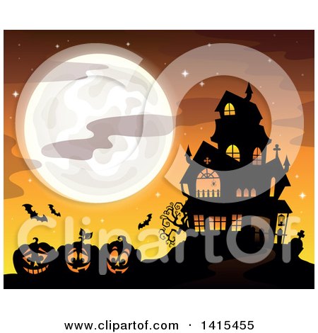 Clipart of a Lit Haunted Halloween House with Bats and Jackolanterns Against an Orange Sky and Full Moon - Royalty Free Vector Illustration by visekart