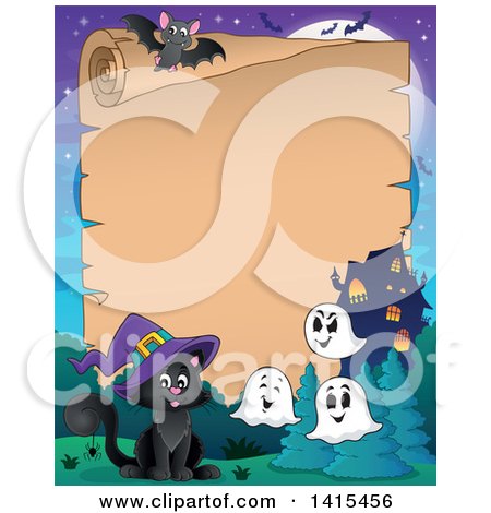 Clipart of a Blank Parchment Scroll with a Cute Black Halloween Witch Cat near a Haunted House - Royalty Free Vector Illustration by visekart